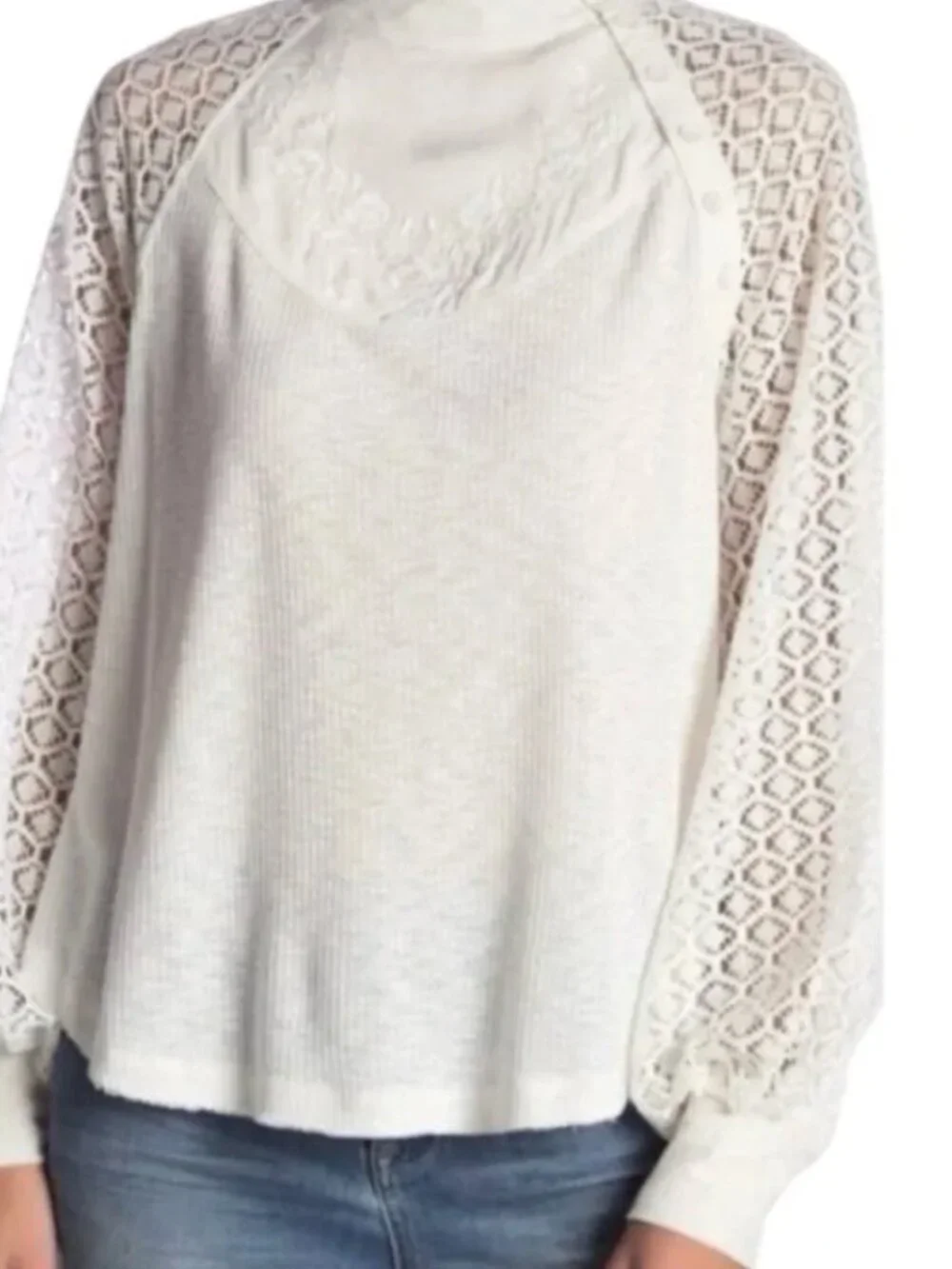 Free People Sweetest Thing Top S Ivory Lace Sleeve Thermal Knit Boho Romantic